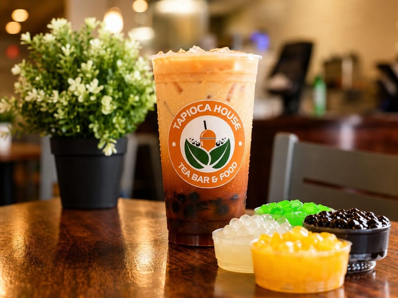 Large iced Tapioca House drink with boba and colorful jellies on a wooden table.