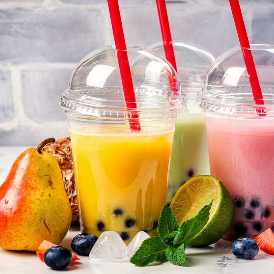 Assorted bubble teas in clear cups with red straws, fresh fruit, and ice cubes.